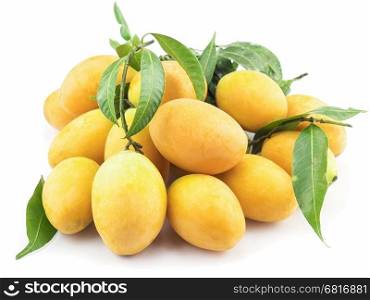 Ma prang, mayongchid, plum mango, marian mango or bouea macrophylla with its leaves, selective focus over white background