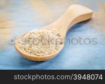 maca root powder on wooden spoon against blue painted grunge wood