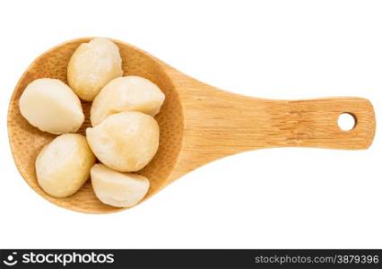macadamia nuts on a small wooden spoon isolated on white with a clipping path