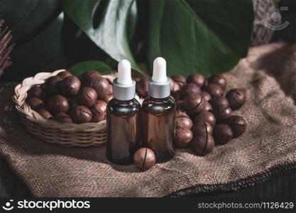 Macadamia oil in bottles and macadamia nuts , vintage rustic style . Bio, organic , nature cosmetics concept