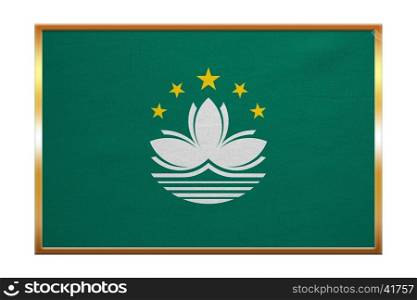 Macanese official flag. Patriotic chinese symbol, banner, element, background. Macau is special region of PRC. Correct colors. Flag of Macau, golden frame, fabric texture, illustration. Accurate size