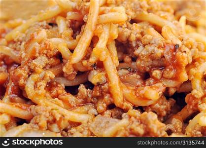 macaroni with meat and tomato close up
