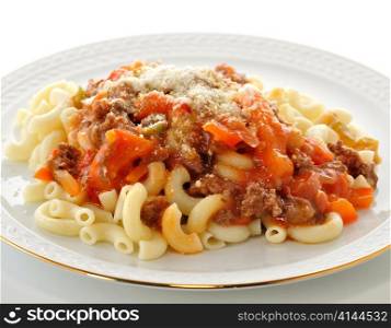 macaroni with sauce and vegetables , close up