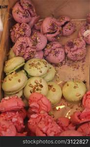 Macarons in various tastes in a French shop