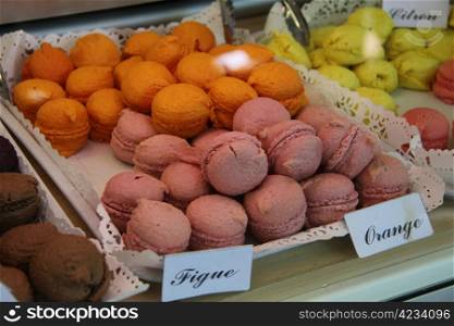 Macarons in various tastes in a French shop