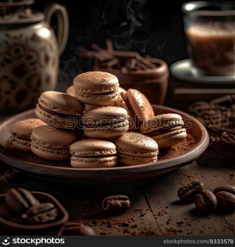 macarons sweet chocolate macaron French on the plate with wooden table. Generative Ai. 