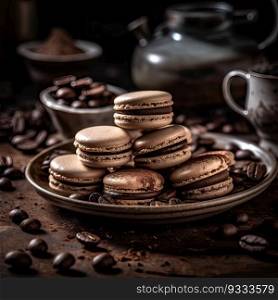 macarons sweet chocolate macaron French on the plate with wooden table. Generative Ai.
