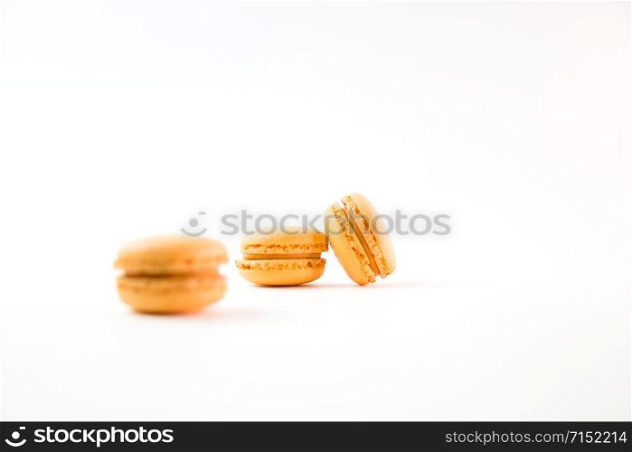 Macaroons isolated on white background top, color macaroons, selective focus.. Macaroons isolated on white background top, color macaroons, selective focus