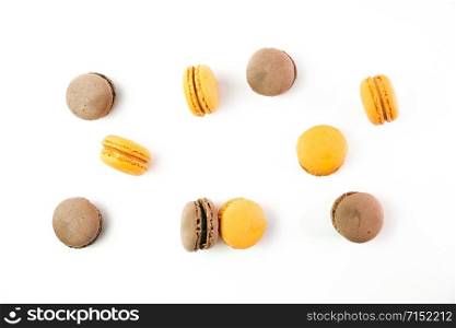 Macaroons on white background top, colorful macaroons, selective focus.. Macaroons on white background top, colorful macaroons, selective focus