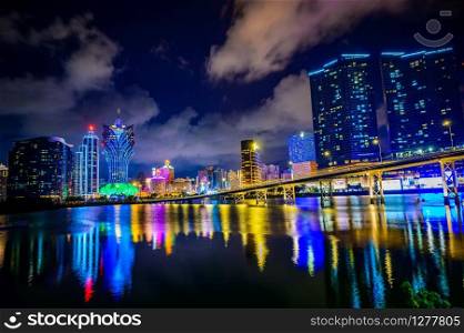 Macau Peninsula, Macau, China, December 2019, Casino Buildings Night View