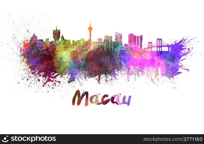 Macau skyline in watercolor splatters with clipping path. Macau skyline in watercolor