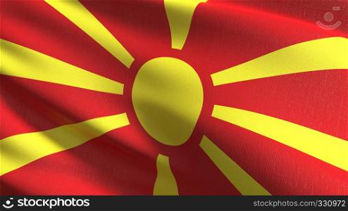Macedonia national flag blowing in the wind isolated. Official patriotic abstract design. 3D rendering illustration of waving sign symbol.