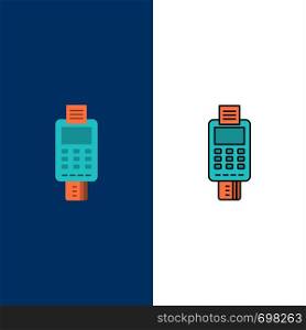 Machine, Business, Card, Check, Credit Card, Credit Card Machine, Payment, ATM Icons. Flat and Line Filled Icon Set Vector Blue Background