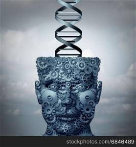 Machine DNA concept and biochemistry technology symbol as a head made of gears with a human genetic strand as a medical symbol as a 3d illustration.
