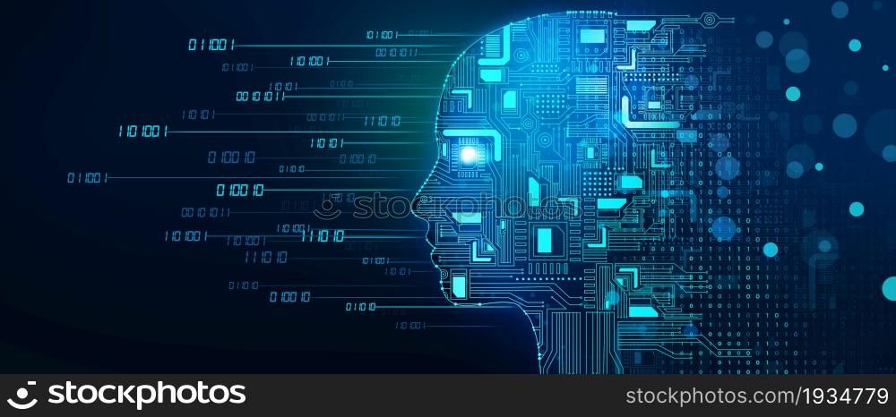 Machine learning and Cyber mind domination. Face with circuit board and binary data flow. Digital brain, Analysis information, Cyber mind, Consciousness, Artificial intelligence, Big Data concept.