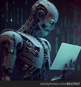 Machine learning techno fantasy  robot reading a book made with generative AI 