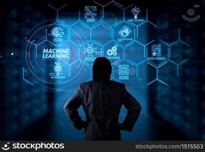 Machine learning technology diagram with artificial intelligence (AI),neural network,automation,data mining in VR screen.businessman working with computer virtual screen.