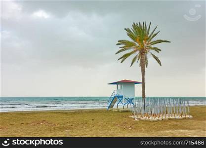 Mackenzie beach with palm tree and life guard tower, Larnaca, Cyprus
