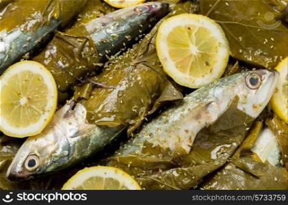 Mackerel ready for baking in vine leaves, with olive oil, lemon and oregano, a traditional Greek dish with small mackerel or sardines