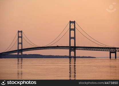 Mackinac suspension bridge at sunrise, built in 1957, Michigan, USA