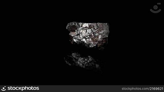 Macro Close up image of raw material Manganese Ore rock isolated on black reflective background