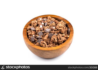 Macro close up of chocolate muesli with pieces of chocolate