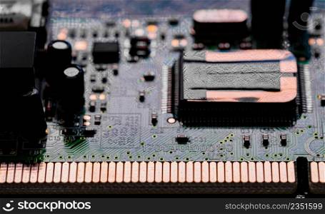 Macro Close up of components and microchips on PC circuit board