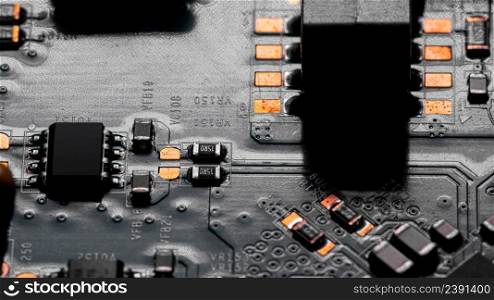 Macro Close up of components and microchips on PC circuit board