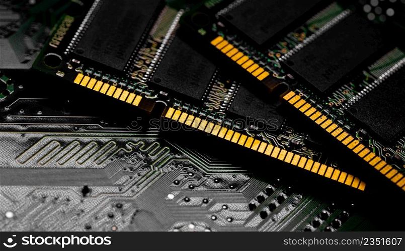 Macro Close up of computer RAM chip; random access memory chip slot for PC motherboard