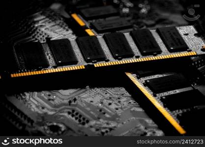 Macro Close up of computer RAM chip  random access memory chip slot for PC motherboard