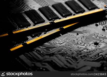 Macro Close up of computer RAM chip  random access memory chip slot for PC motherboard
