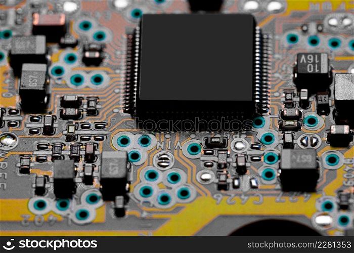 Macro Close up of printed wiring and components on PC circuit board