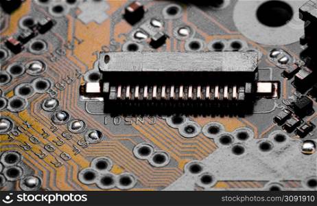 Macro Close up of printed wiring and components on PC circuit board