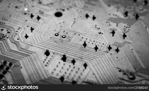 Macro Close up of printed wiring and soldering on PC circuit board