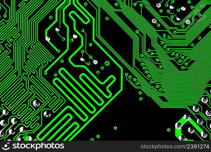 Macro Close up of printed wiring on green PC circuit board