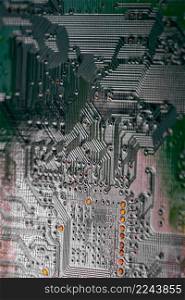 Macro Close up of printed wiring on PC circuit board of modem router