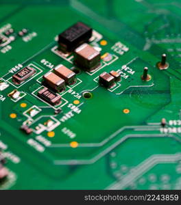 Macro Close up of printed wiring on PC circuit board of modem router