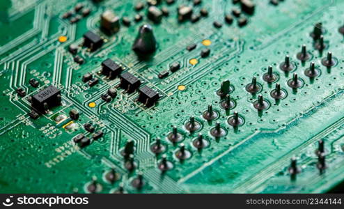 Macro Close up of printed wiring on PC circuit board of modem router