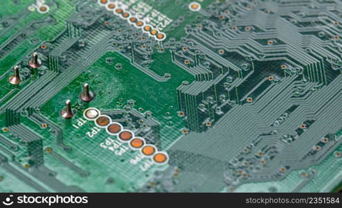 Macro Close up of printed wiring on PC circuit board of modem router