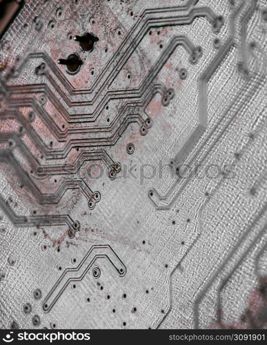 Macro Close up of printed wiring on PC circuit board of modem router