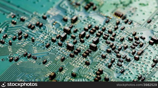 Macro Close up of printed wiring on PC circuit board of modem router