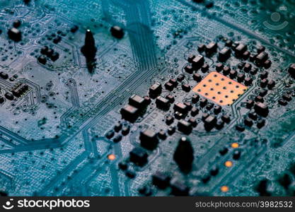 Macro Close up of printed wiring on PC circuit board of modem router