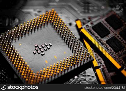Macro Close up of RAM Memory and pins on Main CPU PC processor circuit board.