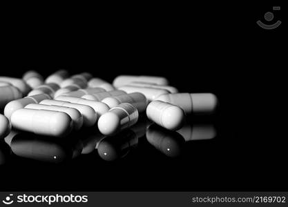 Macro Close up of white painkiller capsule on a reflective black background