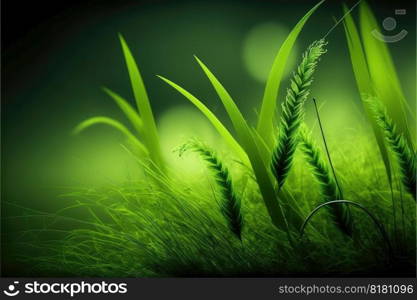 Macro closeup green grass in the garden with freshness of plant. Concept of greenery springtime with beautiful lighting environment. Finest generative AI.. Macro closeup green grass in the garden with freshness of plant.