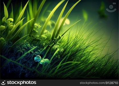 Macro closeup green grass in the garden with freshness of plant. Concept of greenery springtime with beautiful lighting environment. Finest generative AI.. Macro closeup green grass in the garden with freshness of plant.