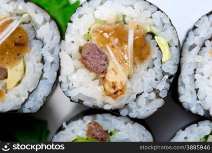 macro closeup of fresh sushi choice combination assortment selection