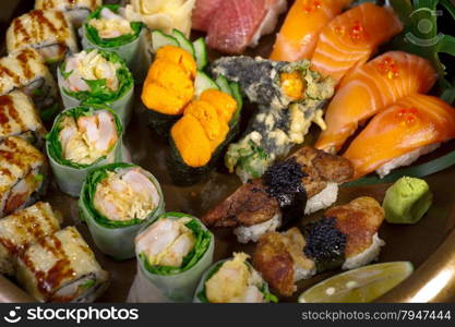 macro closeup of fresh sushi choice combination assortment selection