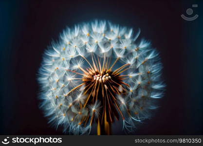 Macro dandelion at blue background. Illustration AI Generative 