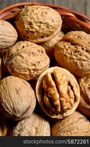 Macro dried walnuts in basket